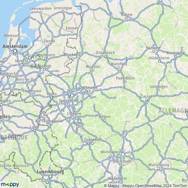 La carte de la région Rhénanie-du-Nord-Westphalie