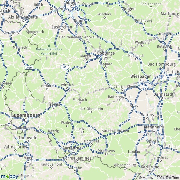 La carte de la région Rhénanie-Palatinat